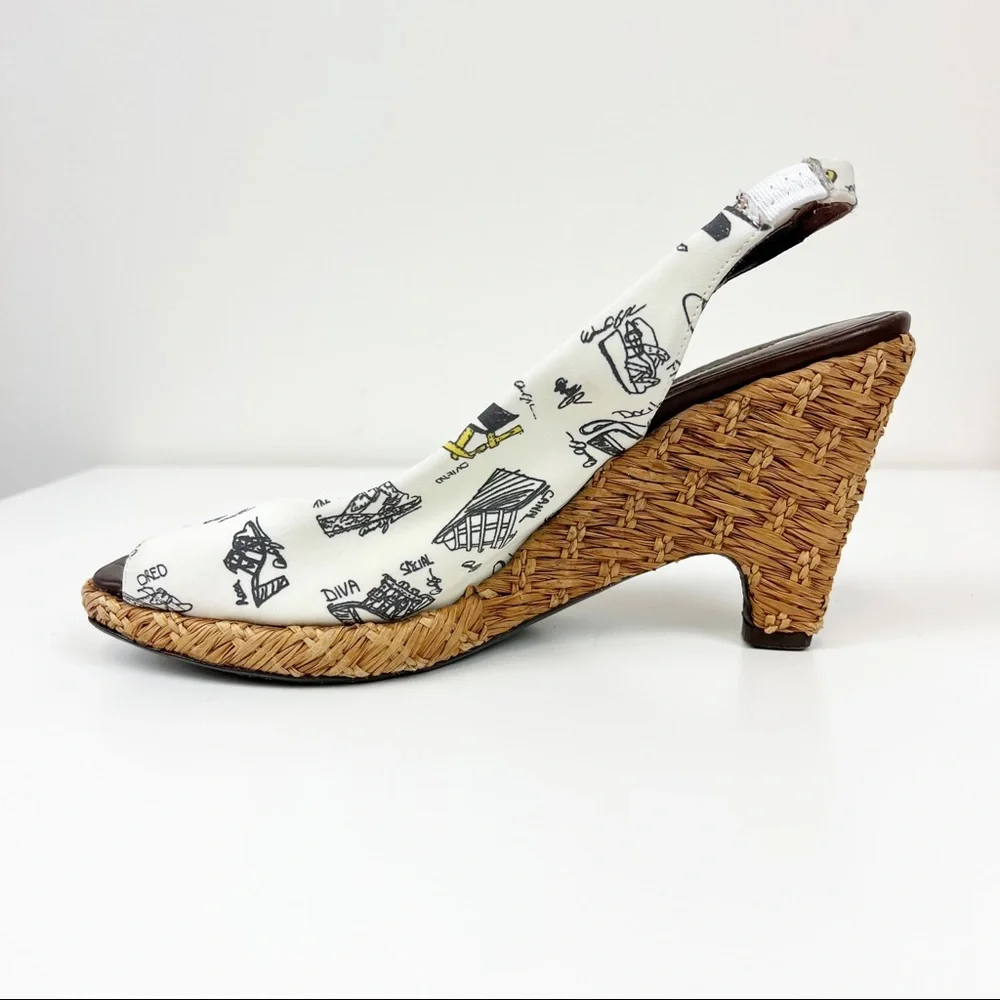 Donald J. Pliner Wicker Wedge Sandals Graphic Shoe Print Canvas Uppers Size‎ 7.5